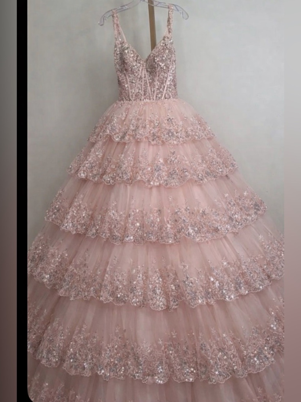 NWT Sherri Hill Blush Pink Tiered Ball Gown with Sequin Lace
